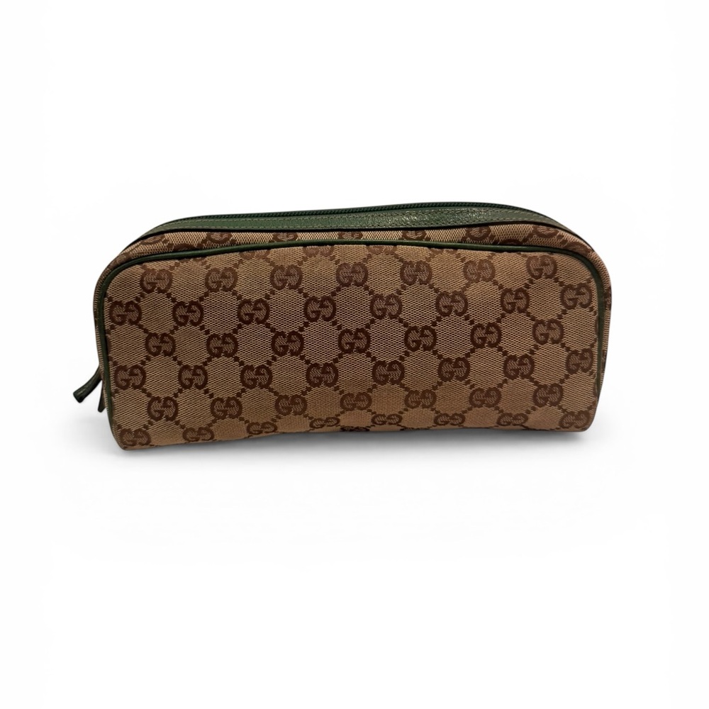 Gucci GG Canvas Large Cosmetic Pouch in Brown with Dark Green Trim